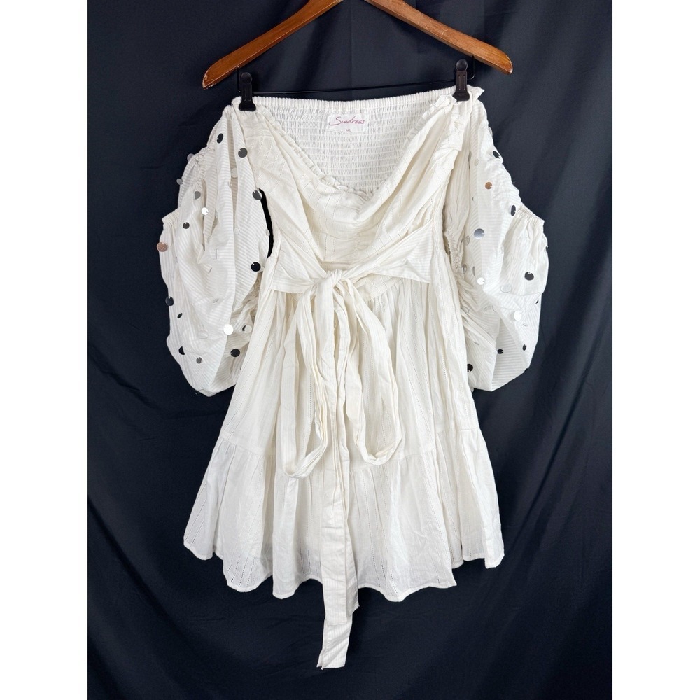 Sundress Boho Shimmer Mini Dress Size M/L White Cotton Puff Sleeve Off Shoulder